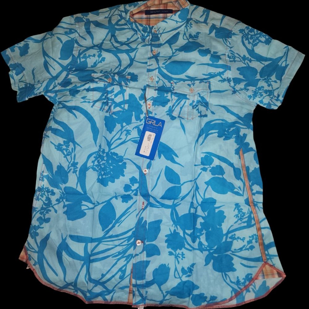 Georg Roth Los Angeles Blue Floral Short-Sleeve Button-Up Shirt (Size L)